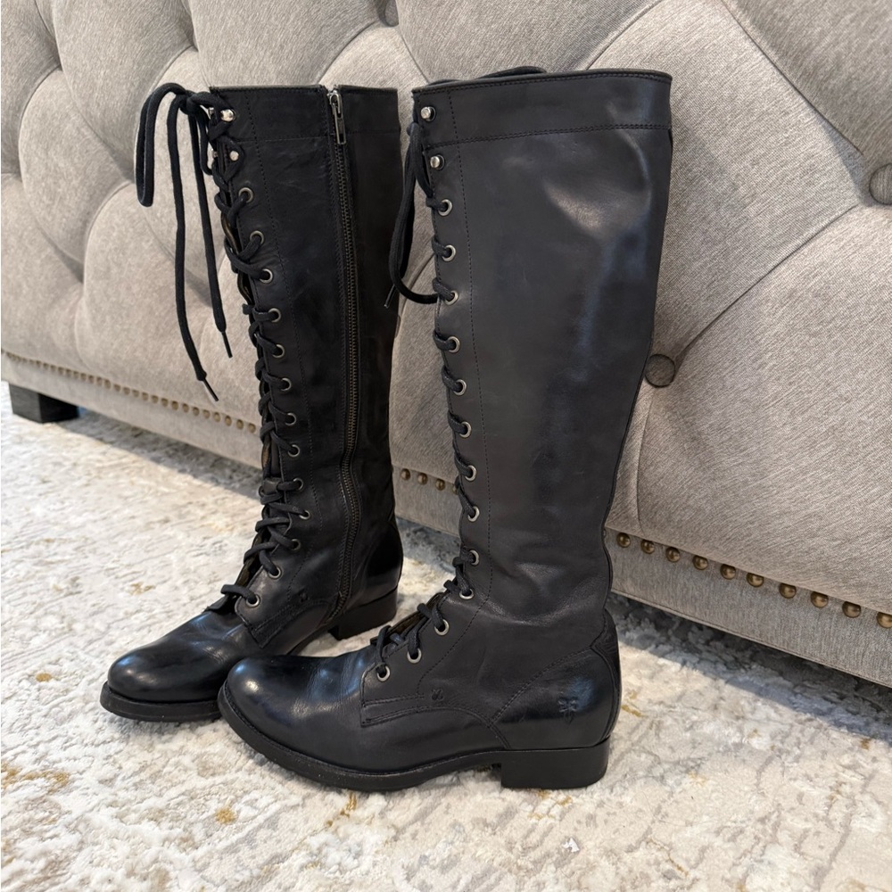 Frye Melissa size 6.5 NEVER WORN Black Leather Tall Lace-Up Boots - Picture 2 of 9
